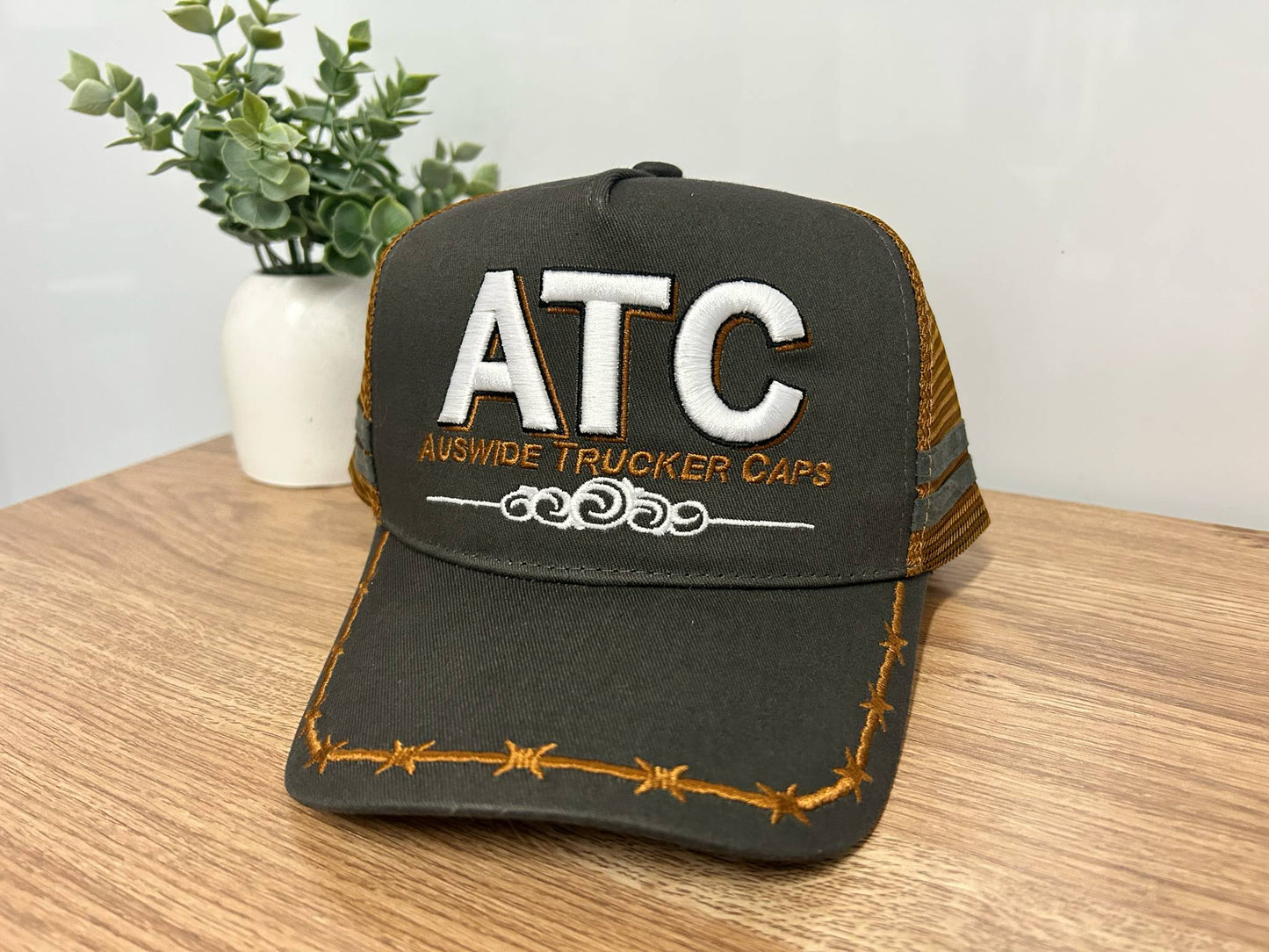 Grey and Brown Trucker Cap with Barbed Wire