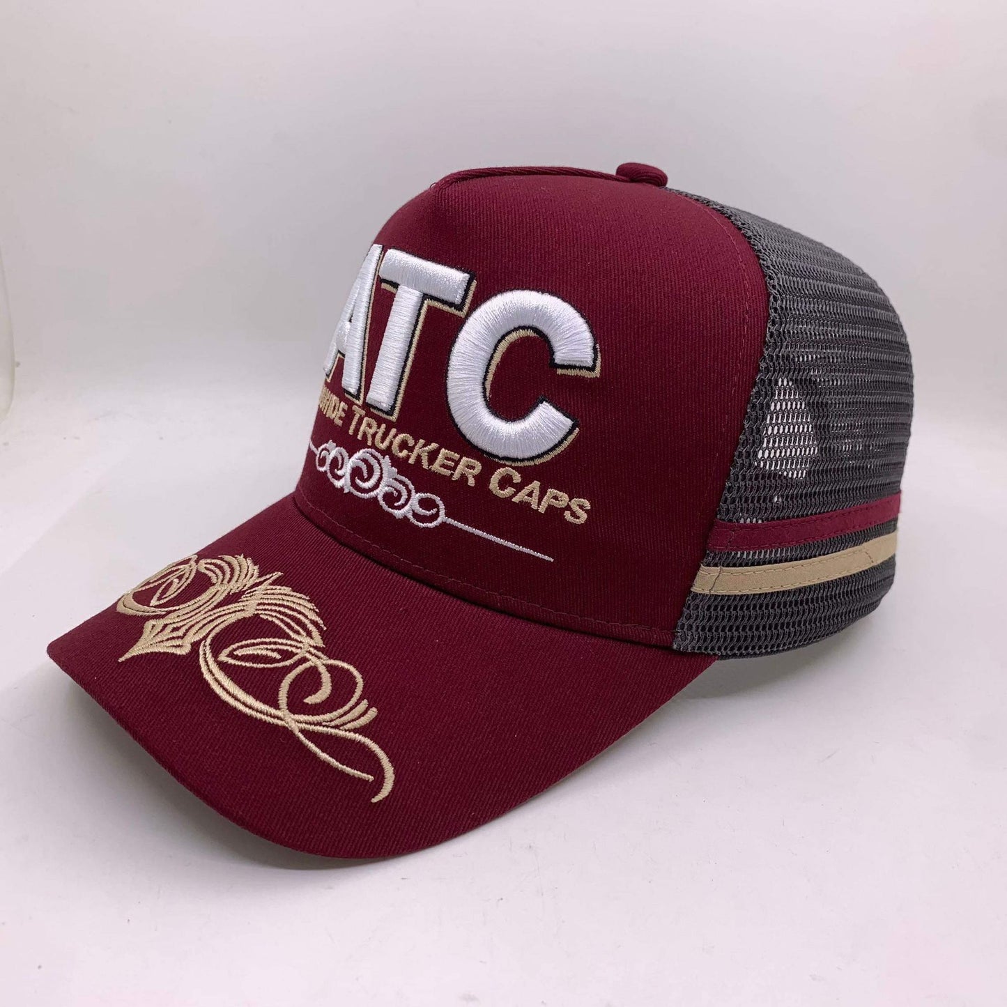 Maroon, Beige and Grey Trucker Cap