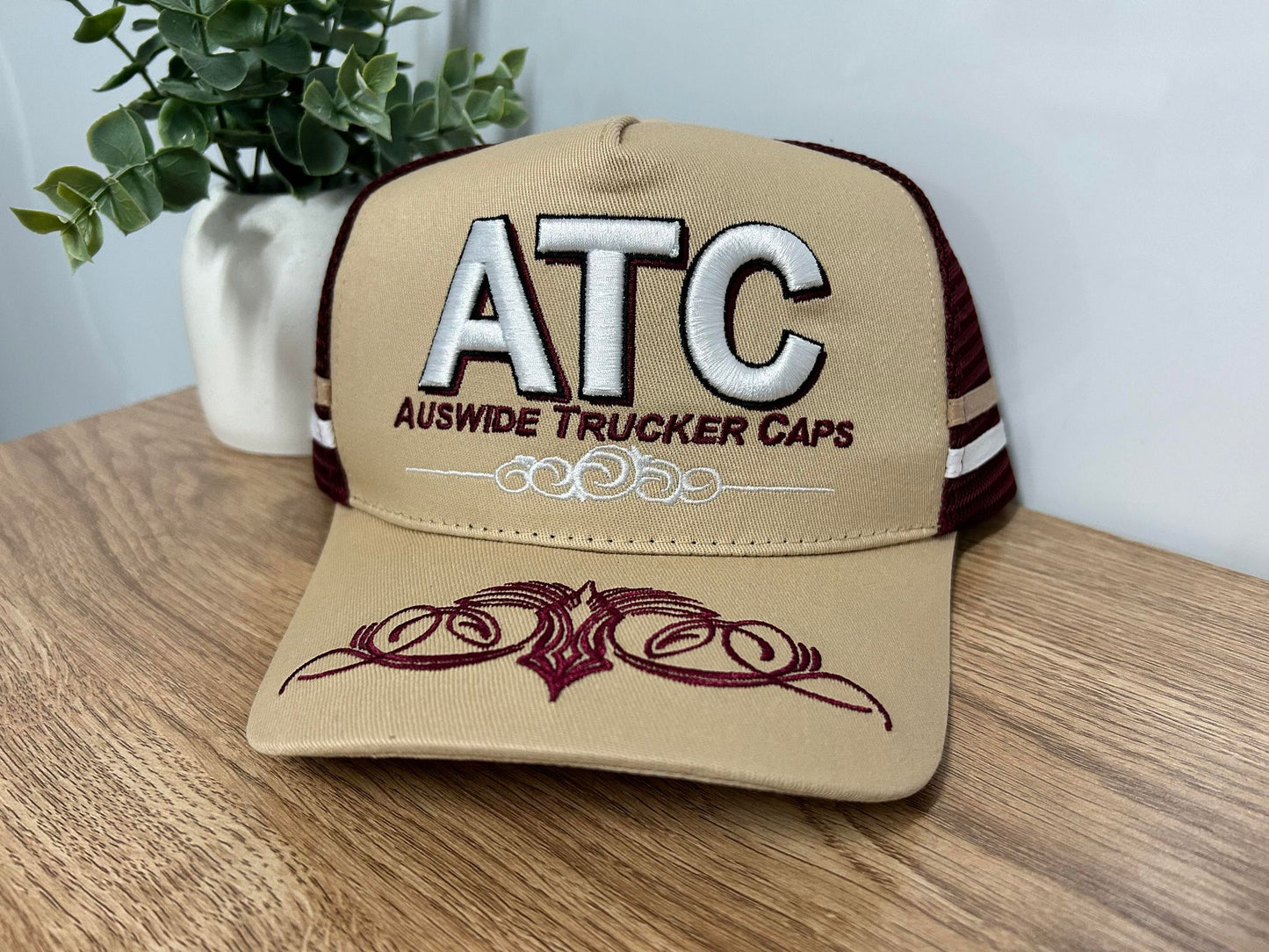 Sandy Beige with Maroon Trucker Cap