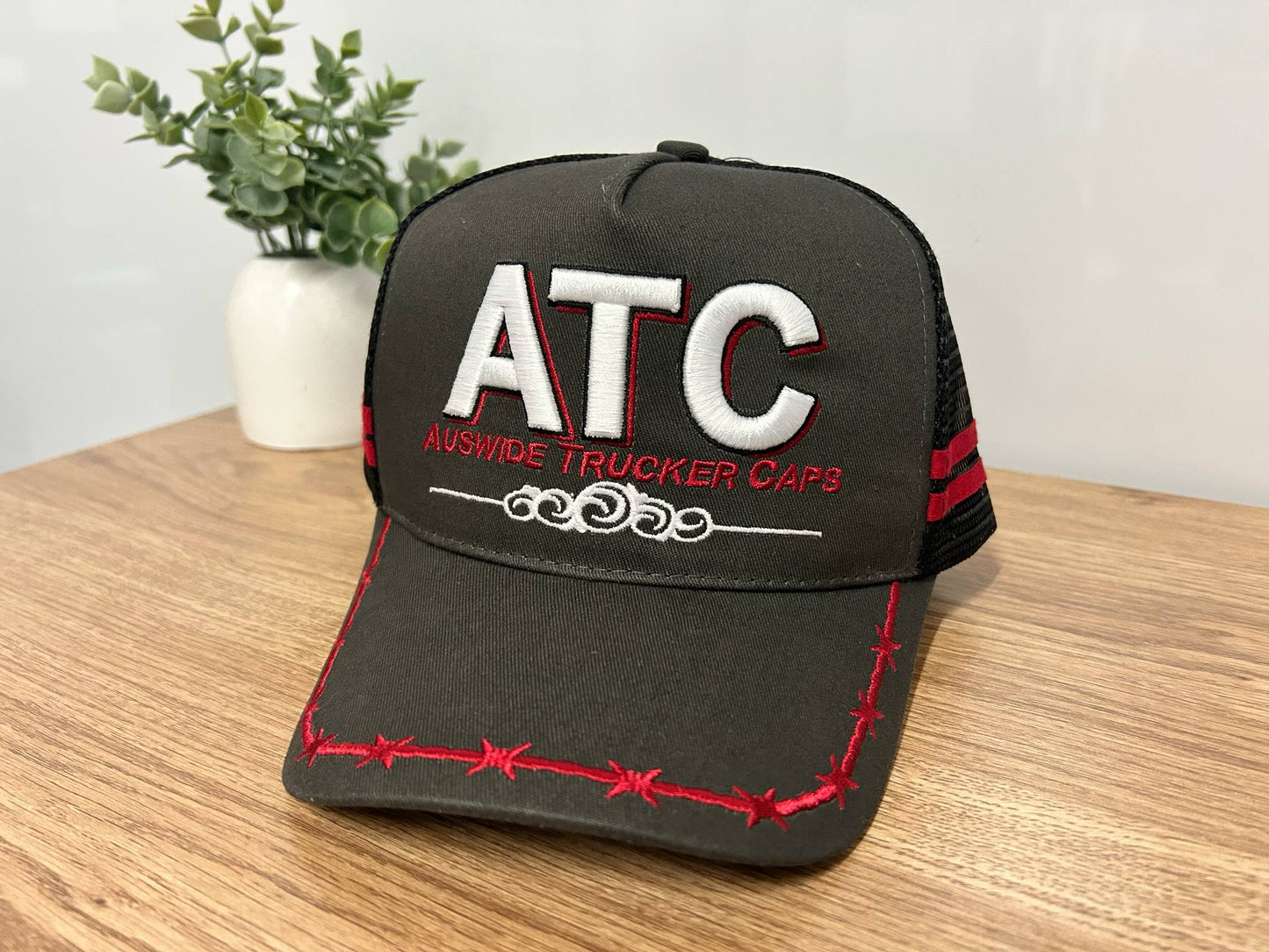 Grey and Red Trucker Cap with Barbed Wire