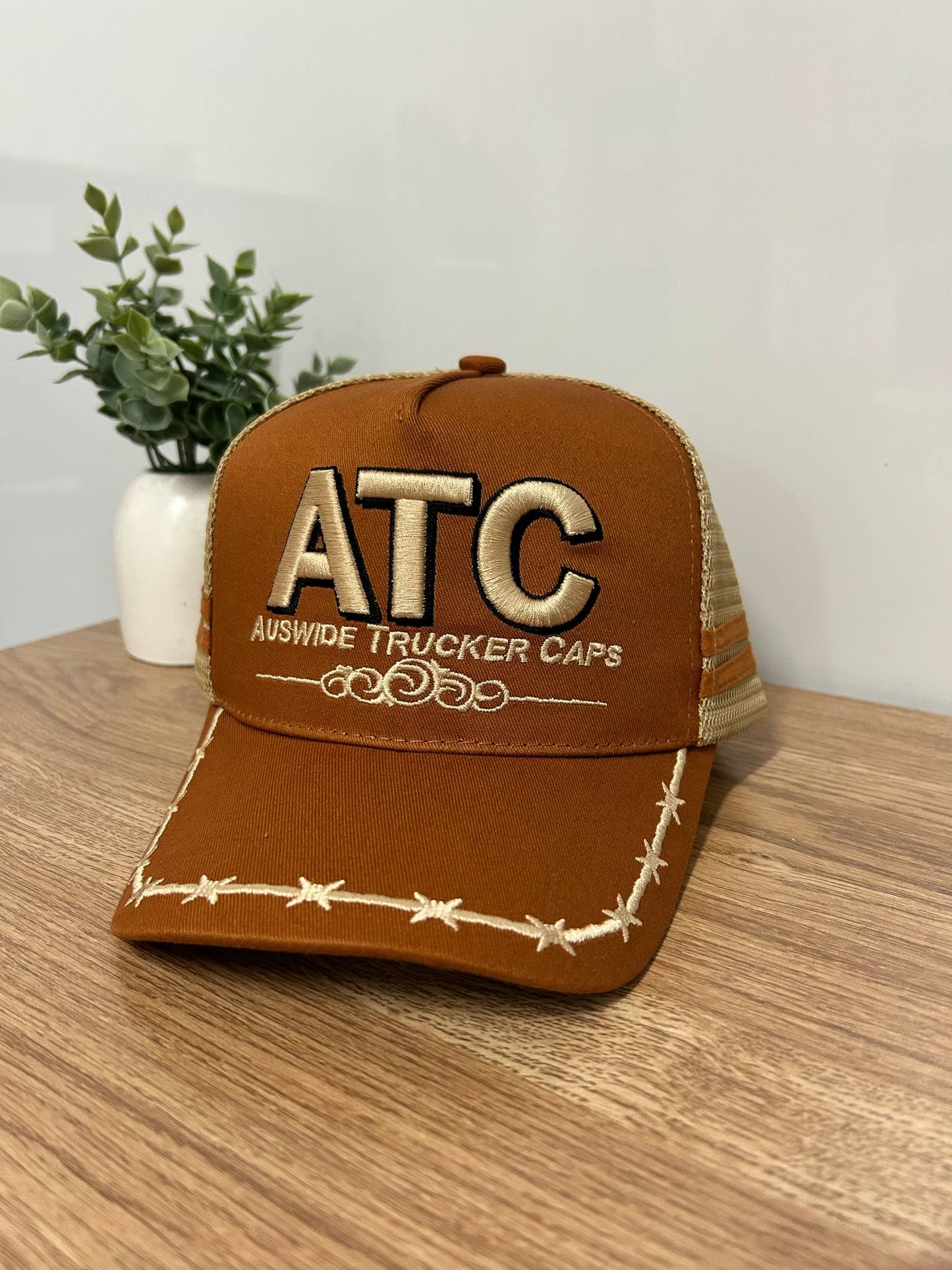 Brown and Tan Trucker Cap with Barbed Wire