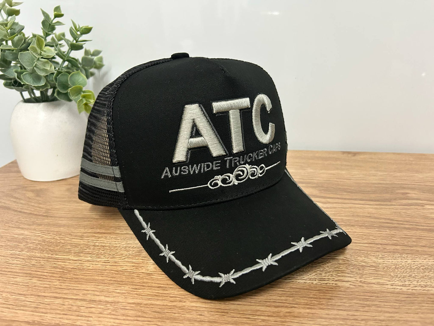 Black and Grey Trucker Cap with Barbed Wire