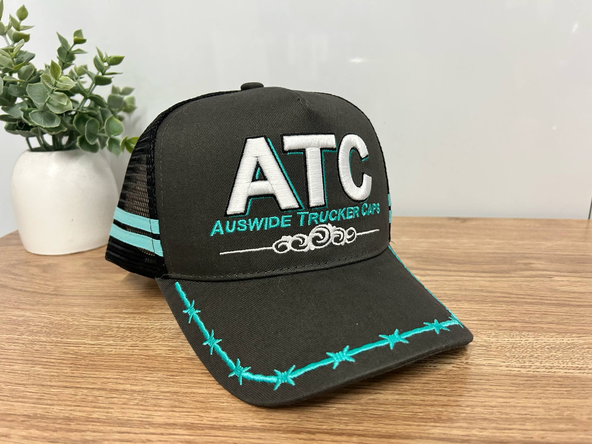 Grey and Teal ATC Cap with Barbed Wire – Auswide Trucker Caps