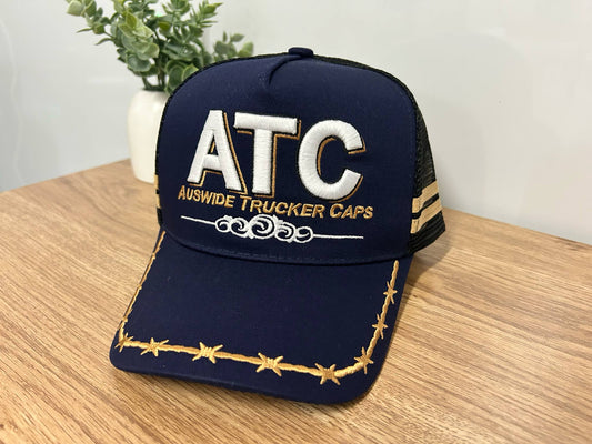 Navy and Tan Trucker Cap with Barbed Wire