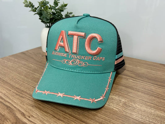 Teal and Baby Pink Trucker Cap with Barbed Wire